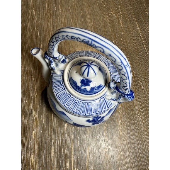 Chinese B/W Teapot, Yongzheng Mark, Water Dragons, River Landscape Village Scene - Picture 6 of 12